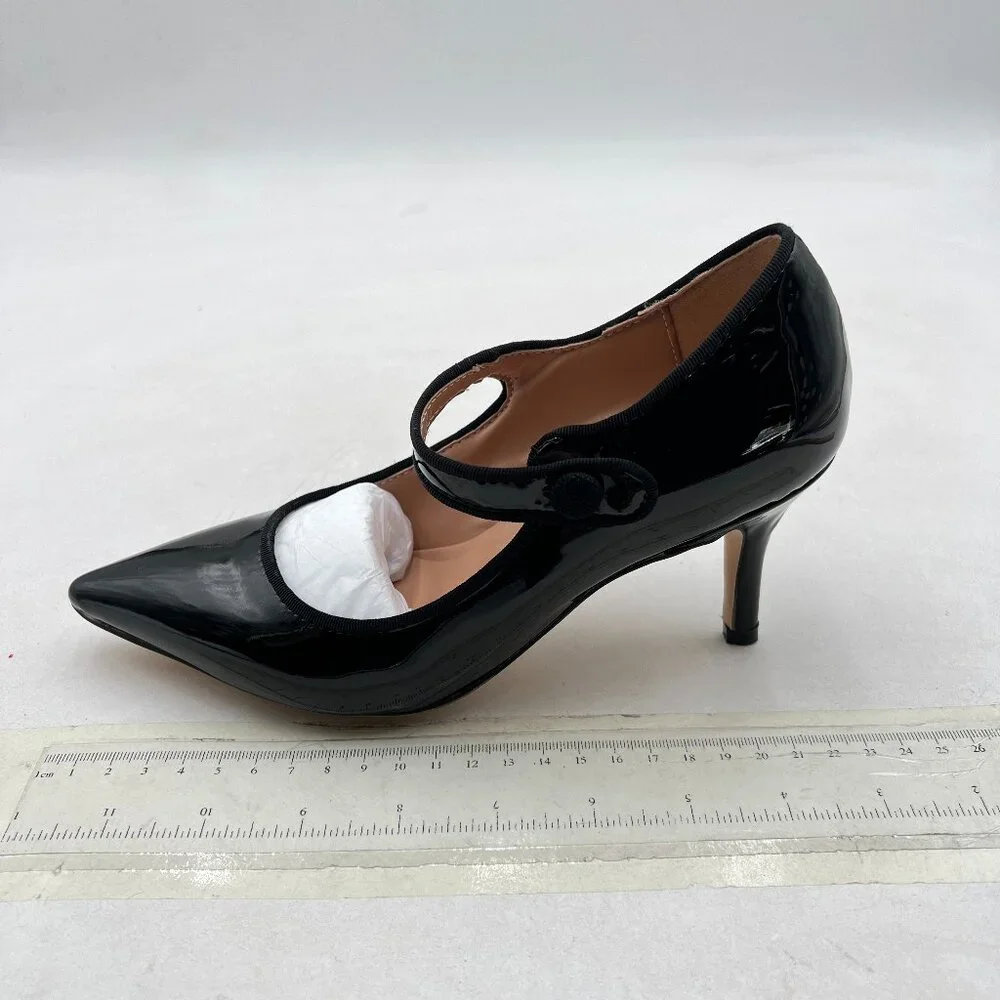 Zszszsu Black Mary Jane Pump Pointed Toe Mid Heels Ankle Strap Dress Shoes_2